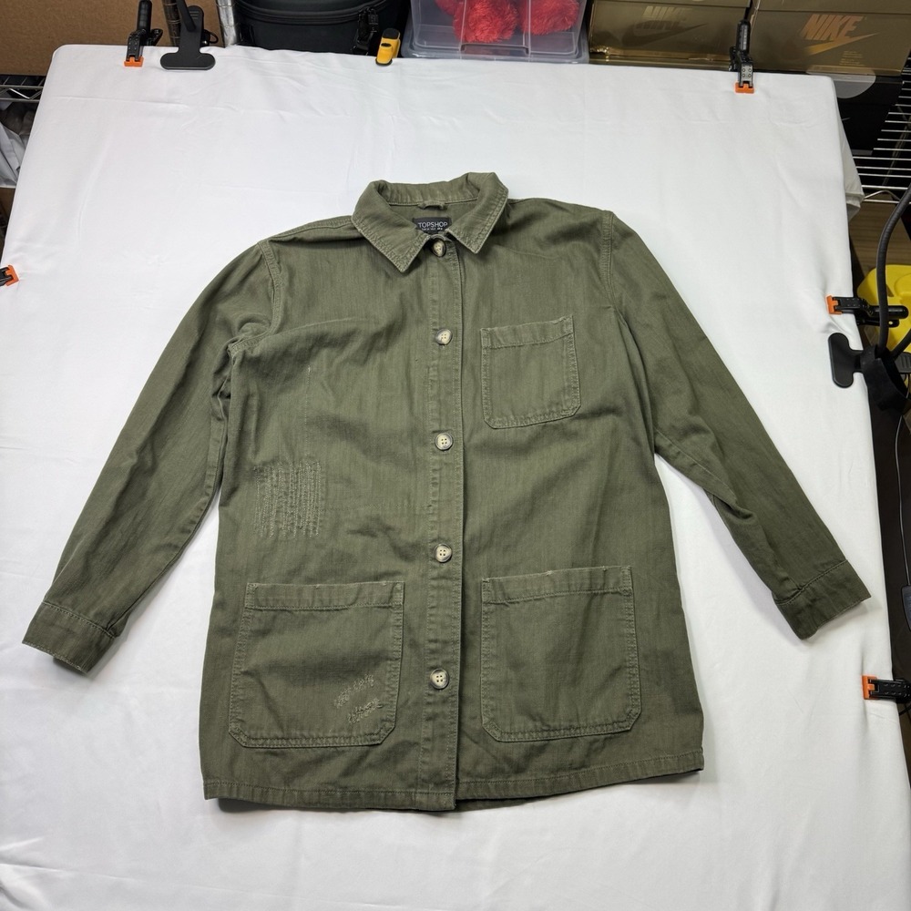 Topshop Army Green Distressed Jacket Coat Top Size US 2 100% cotton Turkey Made